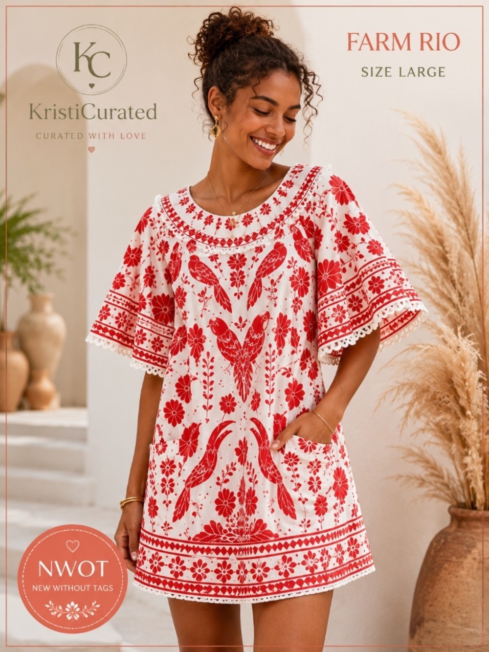 ❤️🌺 Farm Rio Bird Print Mini Dress | Size Large | NWOT | Scalloped Trim | Pocke